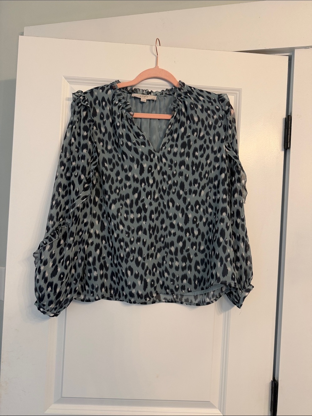 LOFT Slate Blue Leopard Print V-Neck Blouse